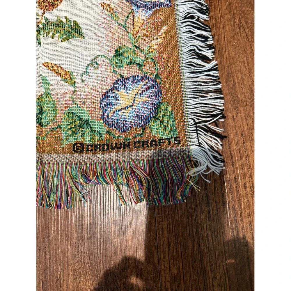 Crown Crafts Woven Tapestry Throw Blanket Rabbit Hummingbird Floral Made in USA